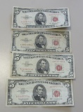 LOT OF 4 $5 RED SEAL LEGAL TENDER NOTES