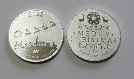 CHRISTMAS SILVER ROUND 1 OUNCE 2022 .999 FINE LOT IS FOR ONE PICTURE SHOWS