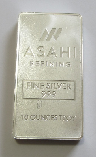 ASAHI 10 OUNCE SILVER BAR .999 FINE HAS ENGRAVING