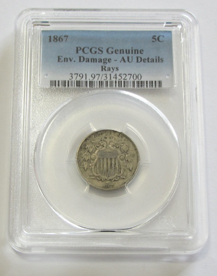 1867 SHIELD NICKEL PCGS AU NO RAYS LABEL IS WRONG