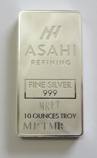 ASAHI 10 OUNCE SILVER BAR .999 FINE HAS ENGRAVING