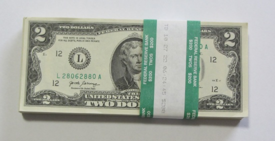 PACK OF 100 $2 FEDERAL RESERVE NOTES BEP BAND UNCIRCULATED ALL CONSECUTIVE