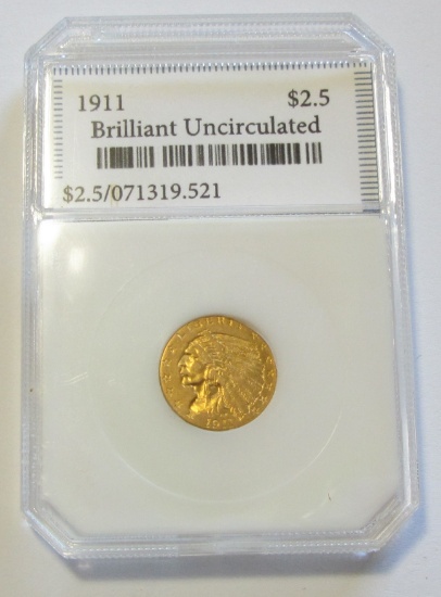$2.5 1911 GOLD INDIAN QUARTER EAGLE BRILLIANT UNC