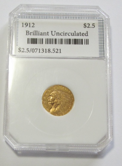 $2.5 GOLD 1912 BRILLIANT UNCIRCULATED QUARTER INDIAN EAGLE