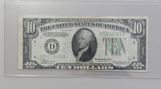 $10 1934 FEDERAL RESERCE NOTE 8081