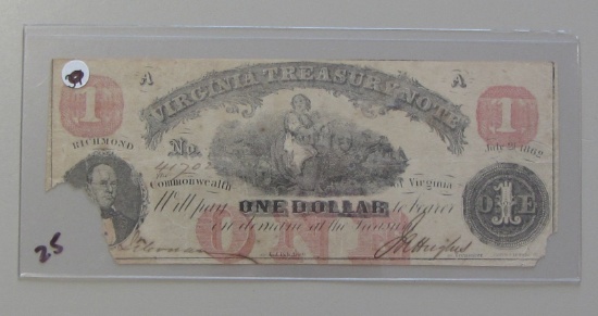 $1 TREASURY NOTE VIRGINIA 1862