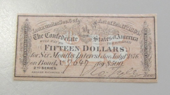 $15 CONFEDERATE BOND COUPON 1864