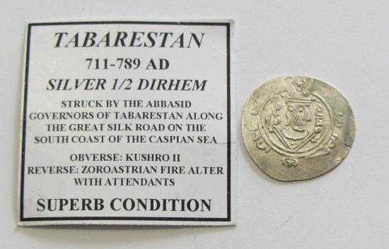 SILVER TABARESTAB 1/2 DIRHEM SILK ROAD ANCIENT 711-789 AD