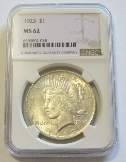 $1 1923 PEACE SILVER DOLLAR NGC MS 62