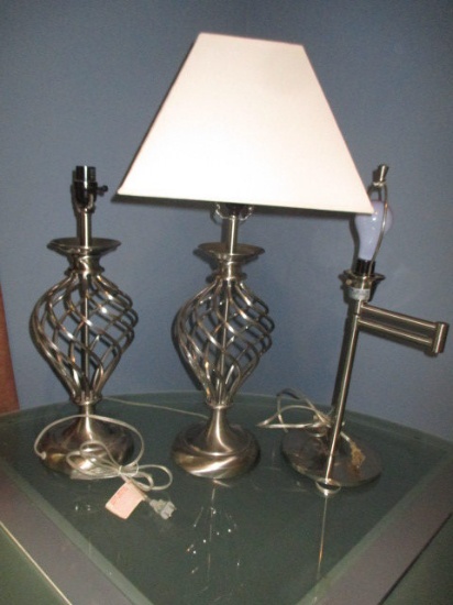 Pair of Metal Lamps (One with Shade) and Swing arm Lamp