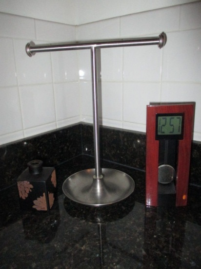 Metal Towel Stand, Clock & decorative Bottle