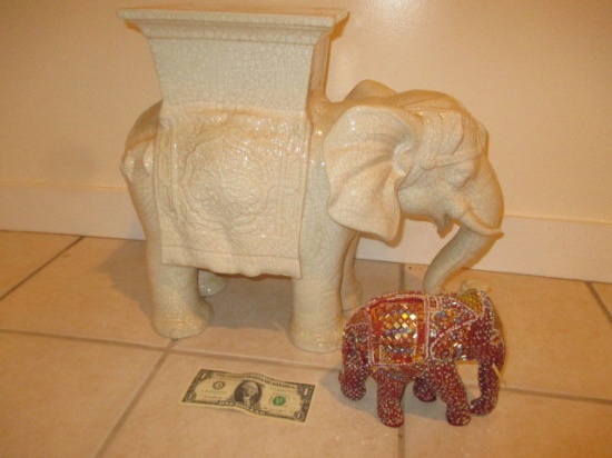 Ceramic Elephant Stand 16" - Made in Portugal & Composition Elephant w/ Sequins