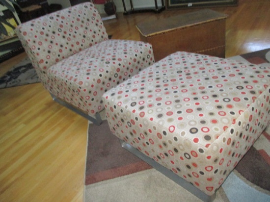 2 Modern Design Upholstered Chairs, Ottoman and Throw Pillows