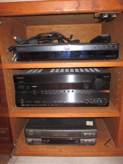 Onkyo TX-SR605 Receiver, Sony BDP-S301 Blu-Ray Player & JVC HR-HP634V VHS Player