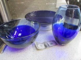 2 Cobalt Blue Glass Bowls and Vase