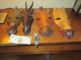 4 African Wooden Animal Masks and Carved Zebra Figure