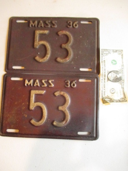 Pair 1936 Massachusetts Low Number License Plates