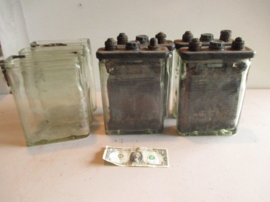 4 Gould Glass Batteries and 3 Empty Glass Battery Cases