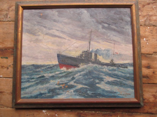 U.S. Destroyer Mac Donough WPA O/C by Henry Orne Rider Frame 34" X 29"