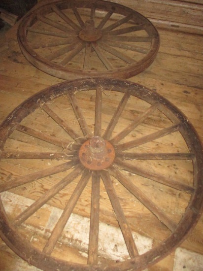 2 Large, Heavy Wagon Wheels 54" Metal Rims -Some Wood Loss