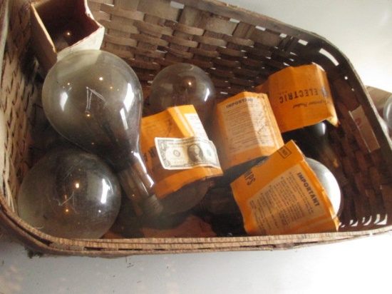 Large Vintage GE Lightbulbs & Others in Antique Laundry Basket
