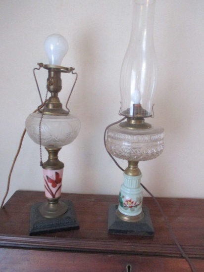 2 Oil Lamps with Butterfly and Flowers (electrified)