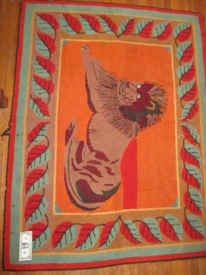 Lion Hooked Rug 68" x 52" Some Edge Wear