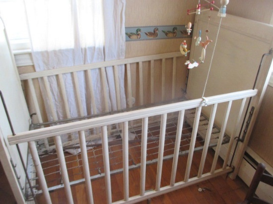 Vintage Wooden Crib with Mobile 56" x 43" x 31"