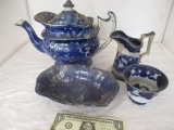 Flow Blue Pitcher & Other Pieces (Some as Found)