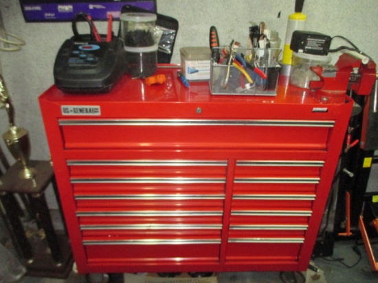 US General  Rolling Tool Box with Wood Clamps and Other Tools