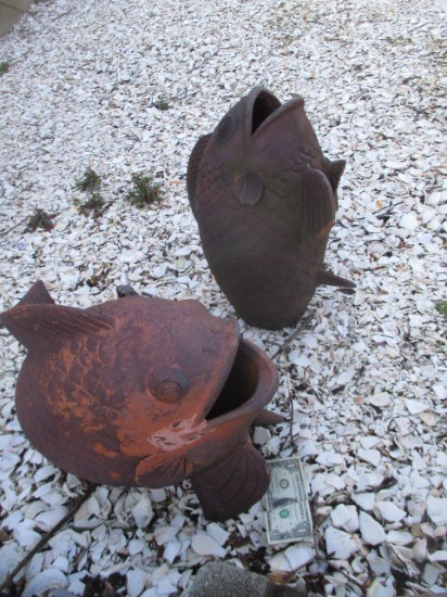 Pair Terra Cotta Garden Coy Fish Sculptures (As Found) Approximately 18"