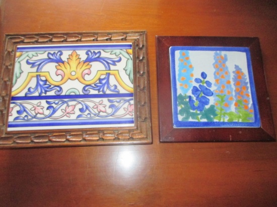 Marblehead pottery 6" tile and other 8' X 6" tile in wooden frames