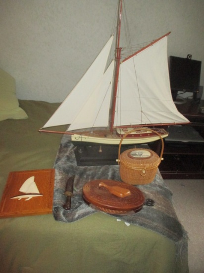 Nautical items: Authentic Models 36", Nantucket style basket, knife, etc.