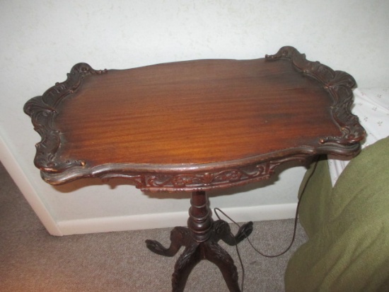 Ornate wood candle stand - loose veneer and chips (see pics) 24" W, 14" D X 28" H