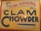 Award winning clam chowder fiberboard sign staining 25 1/2