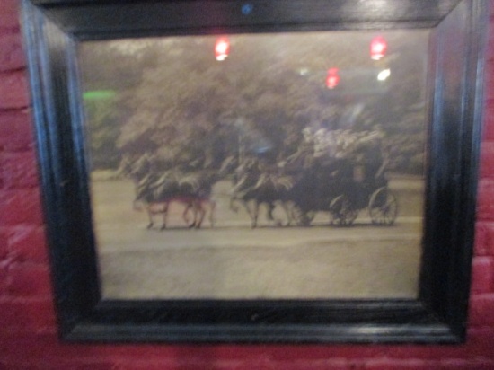 Men with straw hats riding on stage coach 21 1/2" X 26"