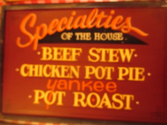 Specialties: Beef Stew Chicken Pot Pie sign paint on fiberboard 25" X 17" staining