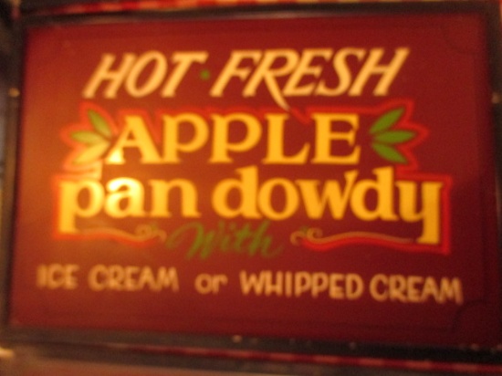 Apple Dowdy w/ ice cream whipped cream sign paint on fiberboard 25" X 17" stains