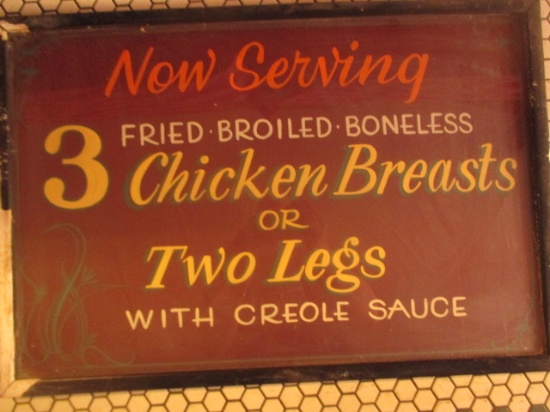 3 chicken breasts or 2 Legs sign paint on fiberboard 25" X 17" stains