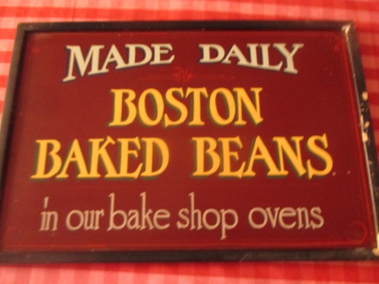 Boston Baked Beans sign paint on fiberboard 25" X 17" staining