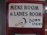 Vintage Tin Mens & Ladies rooms sign downstairs w/ pointing finger 11