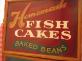 Homemade Fish Cakes and Baked Beans  fiberboard sign staining 25 1/2