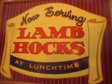 Lamb hocks at Lunchtime  fiberboard sign staining 25 1/2