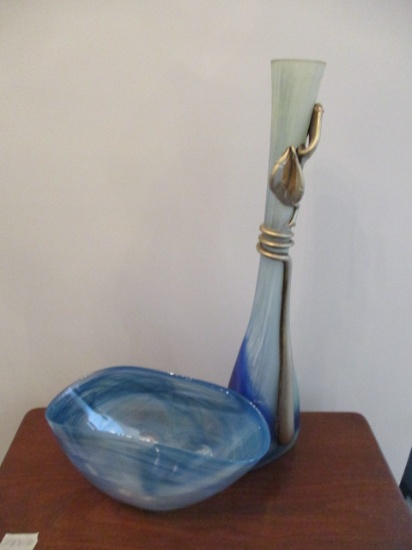 Two Blue Art Glass Pieces, Vase 22" High