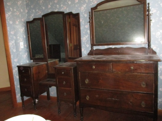 Circa 1920's/30's 3 Piece Bedroom Set: Dresser, Vanity and Tall Chest