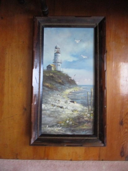 Signed Lighthouse Oil on Canvas - Painting Loose in Frame 28" X 16"
