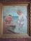 2 Toddlers at Beach Oil on Canvas Signed AS-g 1914 - Reverse Painting Wood