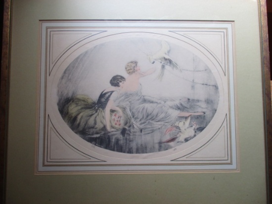 Bernard Corp Vintage Print of Woman and Parrot - Pencil Signed - Frame 20" x 23"