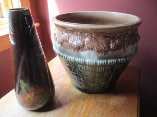 Pottery Planter and Signed Floral Glazed Vase (Both as Found) Planter