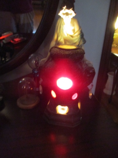 Chalk Lamp Depicts Woman Looking Into Cauldron with 3 Red Reflective Glass Pieces on Base 16"